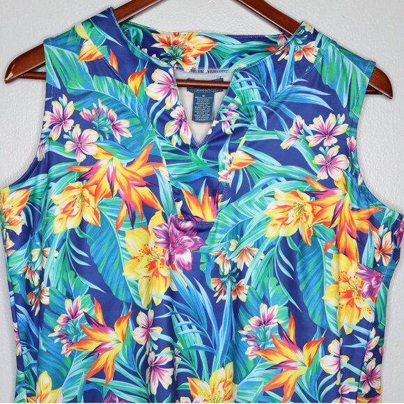Caribbean Joe Tropical Floral Stretch Shift Dress Sleeveless Resort Beach Blue - Picture 9 of 12